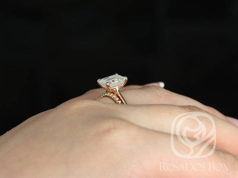 DIAMOND FREE Skinny Norma 9x7mm & Buddha Beads 14kt Rose Gold Emerald Moissanite Bridal Set