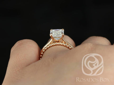 DIAMOND FREE Skinny Norma 9x7mm & Buddha Beads 14kt Rose Gold Emerald Moissanite Bridal Set