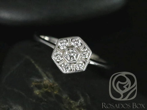 Mosaic 14kt Solid White Gold Diamonds Art Deco WITH Milgrain Hexagon Unique Cluster Ring - Rosados Box