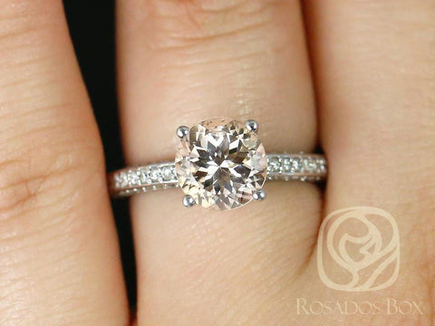 Ready to Ship Jenny 8mm 18kt White Gold Round Morganite and Diamonds Pave Engagement Ring - Rosados Box