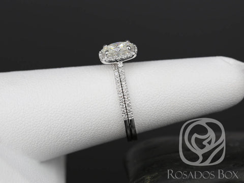 Rosados Box Ready to Ship Romani 7x5mm 14kt White Gold Forever One GH Moissanite and Diamond Cushion Halo Wedding Set