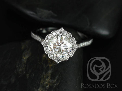 1.70ct SALE Ready to Ship Rori 7mm 14kt White Gold FB Moissanite Diamond WITHOUT MilgrainKite Set Cushion Halo Ring - Rosados Box