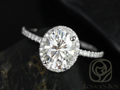 2ct Ready to Ship Federella 9x7mm Platinum Moissanite Diamond Dainty Pave Halo Ring - Rosados Box