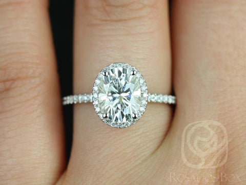 2ct Ready to Ship Federella 9x7mm Platinum Moissanite Diamond Dainty Pave Halo Ring - Rosados Box