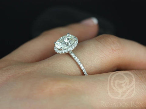 2ct Ready to Ship Federella 9x7mm Platinum Moissanite Diamond Dainty Pave Halo Ring - Rosados Box