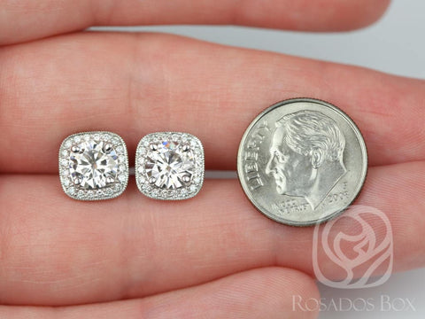 4ct Ready to Ship Rheine 14kt White Gold 8mm Moissanite Diamond Cushion Halo Stud Earrings,Gift For Her,Birthday Gift,Art Deco Studs