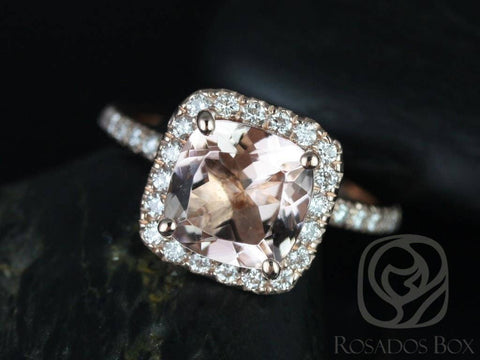 Ready to Ship Pernella 8mm 14kt Rose Gold Morganite Diamonds Cushion Halo Ring - Rosados Box