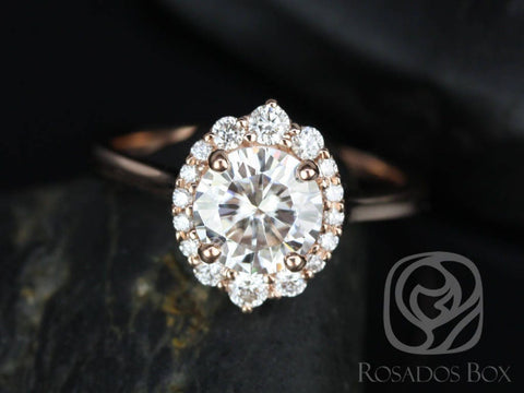 1.25ct Eluma 7mm 14kt Gold Moissanite Diamonds Scalloped Graduated Unique Halo Ring - Rosados Box