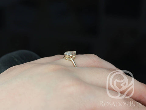 Isla 7x5mm 14kt Gold White Sapphire Bezel Pear Solitaire Ring - Rosados Box