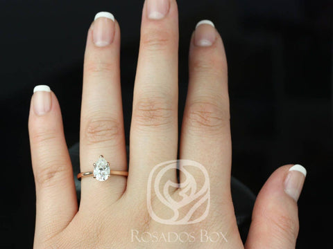 1.50ct Skinny Jane 9x6mm 14kt Rose Gold Forever One Moissanite Dainty Minimalist Cathedral Pear Solitaire Engagement Ring