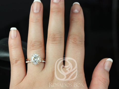 2ct Mae 9x7mm & Cher 14kt Rose Gold Oval Moissanite Diamond Art Deco Unique Halo Bridal Set