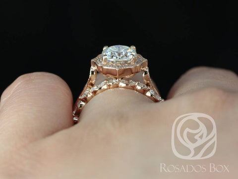 2ct Mae 9x7mm & Cher 14kt Rose Gold Oval Moissanite Diamond Art Deco Unique Halo Bridal Set