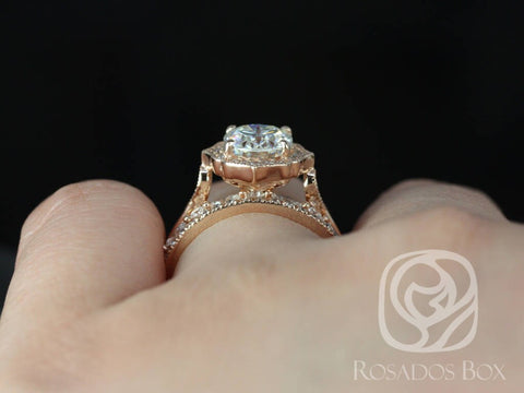 2ct Mae 9x7mm-Cher-Tabitha 14kt Rose Gold Moissanite Diamond Unique Art Deco Oval Halo TRIO Bridal Set