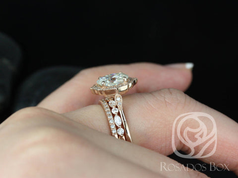 2ct Mae 9x7mm-Cher-Tabitha 14kt Rose Gold Moissanite Diamond Unique Art Deco Oval Halo TRIO Bridal Set