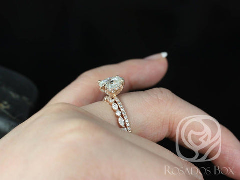 Hillary 9x7mm & Cher 14kt Rose Gold Oval Forever One Moissanite Diamond Basket Bridal Set - Rosados Box