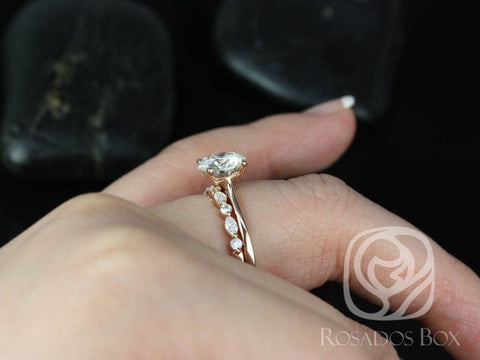 2ct Skinny Flora 8mm & Petite Cher 14kt Rose Gold Moissanite Diamond Dainty Cathedral Round Solitaire Bridal Set