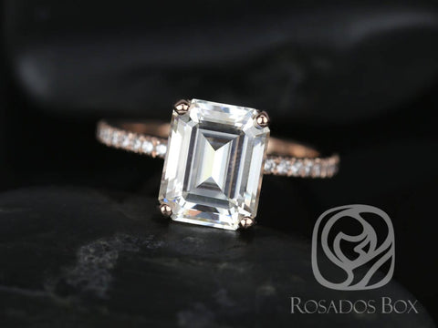 SALE 3.90ct Ready to Ship Vertical Becca 10x8mm 14kt Rose Gold FB Moissanite Diamonds Emerald Cut Solitaire Ring - Rosados Box