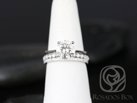 2.20ct SALE Ready to Ship Skinny Flora 8.5m-Petite Naomi-Kimberly 14kt FB Moissanite Diamond TRIO Round Solitaire Bridal Set - Rosados Box
