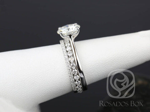 2.20ct SALE Ready to Ship Skinny Flora 8.5m-Petite Naomi-Kimberly 14kt FB Moissanite Diamond TRIO Round Solitaire Bridal Set - Rosados Box