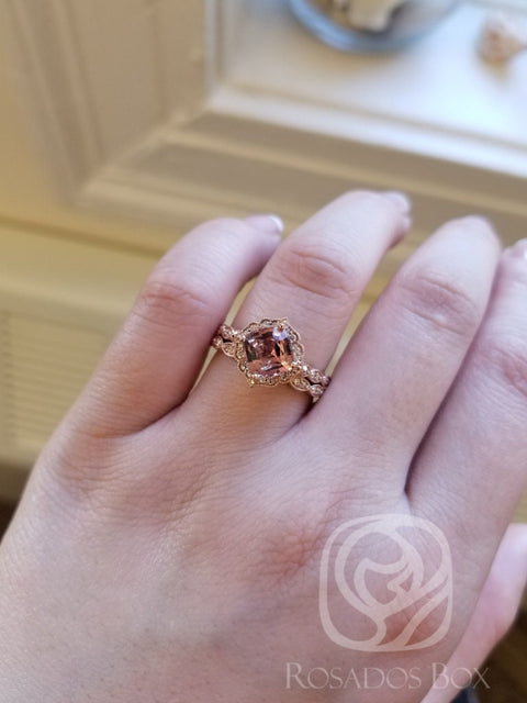 2.08cts Ready to Ship Lucille & Christie 14kt Rose Gold Rustic Salmon Red Sapphire Diamond Kite Set Halo Wedding Set Ring - Rosados Box