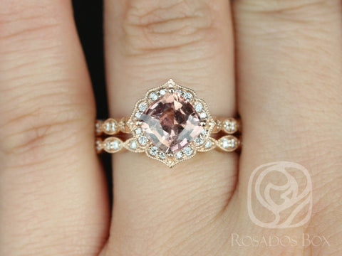 2.08cts Ready to Ship Lucille & Christie 14kt Rose Gold Rustic Salmon Red Sapphire Diamond Kite Set Halo Wedding Set Ring - Rosados Box
