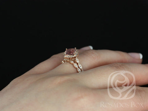 2.08cts Ready to Ship Lucille & Christie 14kt Rose Gold Rustic Salmon Red Sapphire Diamond Kite Set Halo Wedding Set Ring - Rosados Box