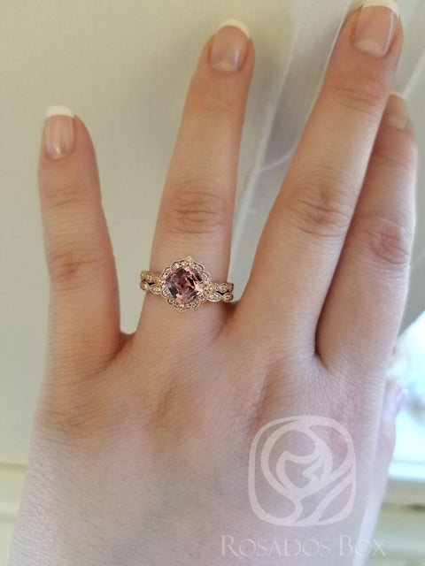 2.08cts Ready to Ship Lucille & Christie 14kt Rose Gold Rustic Salmon Red Sapphire Diamond Kite Set Halo Wedding Set Ring - Rosados Box