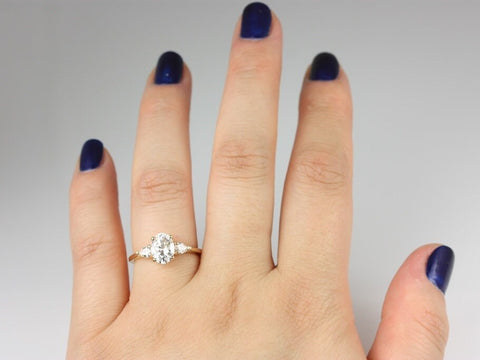 1.50ct Ready to Ship Emery 8x6mm 14kt WHITE Gold Forever One Moissanite Diamond 3 Stone Oval Engagement Ring,Three Stone Ring - Rosados Box