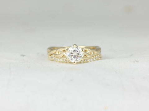 0.75ct 6 Prong Cassidy 6mm 14kt Solid Gold Round Moissanite Diamonds Celtic Knot Triquetra Bridal Set