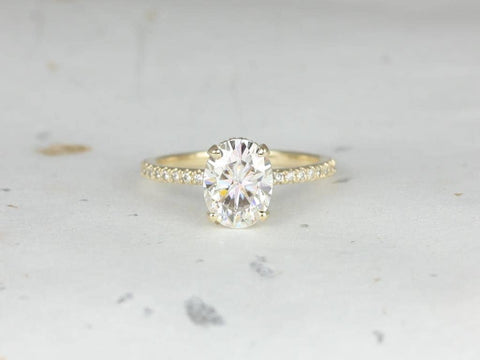 2ct EXTRA LOW Viviana 9x7mm 14kt Gold Moissanite Diamond Scarf Halo Oval Solitaire Ring - Rosados Box