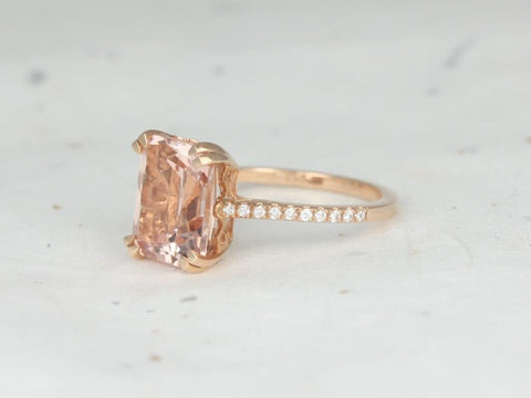 Rosados Box Cosette 11x9mm 14kt Rose Gold Radiant Morganite and Diamonds Fleur De Lis Cathedral Engagement Ring