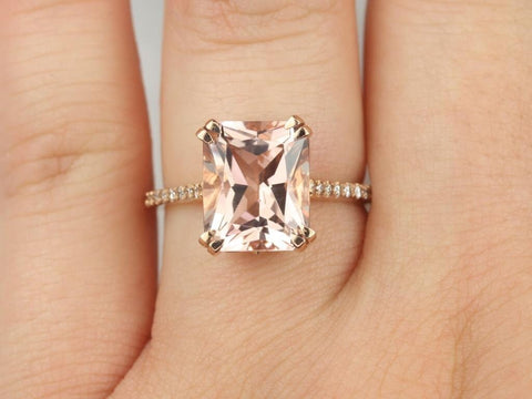 Rosados Box Cosette 11x9mm 14kt Rose Gold Radiant Morganite and Diamonds Fleur De Lis Cathedral Engagement Ring