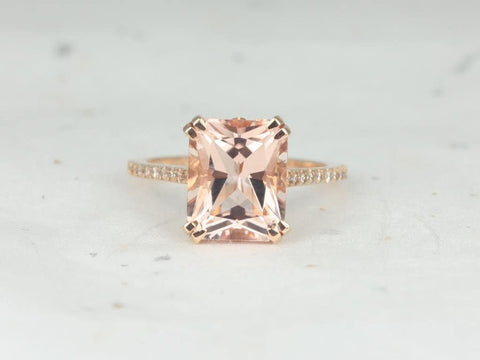 Rosados Box Cosette 11x9mm 14kt Rose Gold Radiant Morganite and Diamonds Fleur De Lis Cathedral Engagement Ring