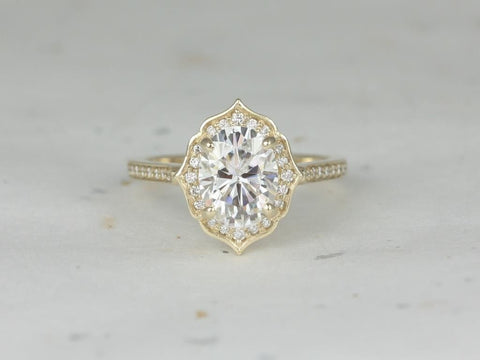 2ct Myra 9x7mm 14kt Moissanite Diamond WITHOUT Milgrain Vintage Oval Halo Ring - Rosados Box