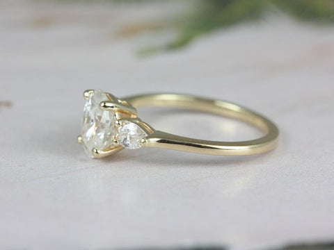 1.50ct Emery 8x6mm 14kt Gold Moissanite Diamond Three Stone Oval Ring - Rosados Box