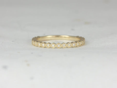 Ultra Petite Honore 14kt Gold WITH Milgrain Hexagon Diamond ALMOST Eternity Ring - Rosados Box