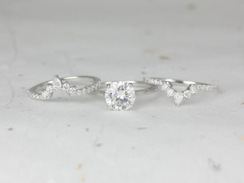 2ct Dixie 8mm & 2PC Riri 14kt White Gold Moissanite Diamonds Dainty Low Round Solitaire TRIO Bridal Set - Rosados Box