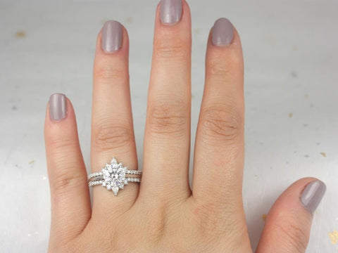 2ct Dixie 8mm & 2PC Riri 14kt White Gold Moissanite Diamonds Dainty Low Round Solitaire TRIO Bridal Set - Rosados Box