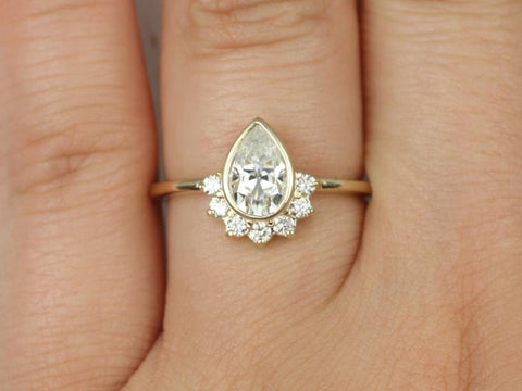 1ct Oana 8x5mm 14kt Gold Moissanite Diamonds Bezel Half Halo Pear Ring - Rosados Box