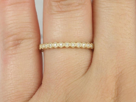 Ultra Petite Honore 14kt Gold WITH Milgrain Hexagon Diamond ALMOST Eternity Ring - Rosados Box