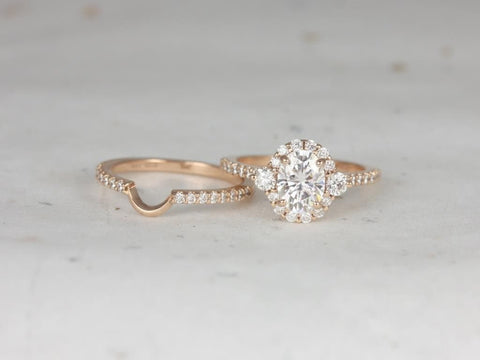 1.50ct Bridgette 8x6mm 14kt Moissanite Diamond Unique Halo Bridal Set - Rosados Box