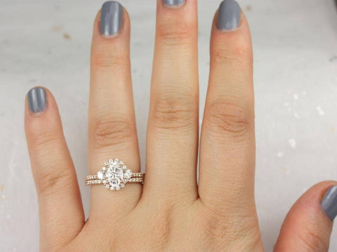 1.50ct Bridgette 8x6mm 14kt Moissanite Diamond Unique Halo Bridal Set - Rosados Box