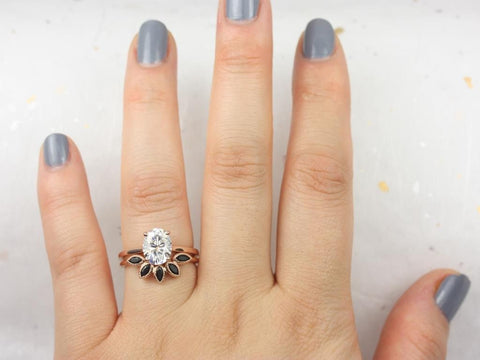 2cts Oval Moissanite Onyx Thin Cathedral Solitaire Bridal Set, 14kt Solid Rose Gold, Delia 9x7mm & Petunia, Rosados Box - Rosados Box