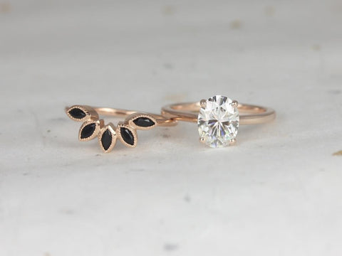 2cts Oval Moissanite Onyx Thin Cathedral Solitaire Bridal Set, 14kt Solid Rose Gold, Delia 9x7mm & Petunia, Rosados Box - Rosados Box