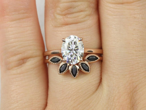 2cts Oval Moissanite Onyx Thin Cathedral Solitaire Bridal Set, 14kt Solid Rose Gold, Delia 9x7mm & Petunia, Rosados Box - Rosados Box