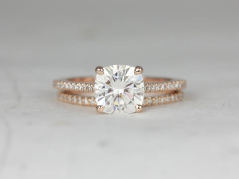 2cts Marcelle 7.5mm 14kt Gold Moissanite Diamond Dainty Cushion Solitaire Accent Bridal Set - Rosados Box