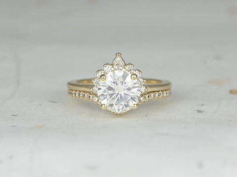 2ct Kylie 8mm & Chevy 14kt Gold Moissanite Diamond Crescent Chevron Bridal Set - Rosados Box