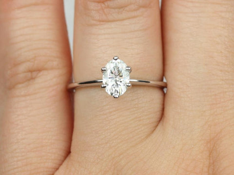 1ct Skinny Rhea 7x5mm 14kt Gold Moissanite 6 Prong Oval Solitaire Ring - Rosados Box