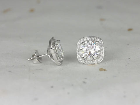 4ct Ready to Ship Rheine 14kt White Gold 8mm Moissanite Diamond Cushion Halo Stud Earrings,Gift For Her,Birthday Gift,Art Deco Studs