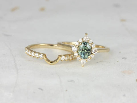 0.92ct Ready to Ship Maris 14kt Gold Oval Jungle Teal Sapphire Diamonds Star Unique Oval Halo Bridal Set